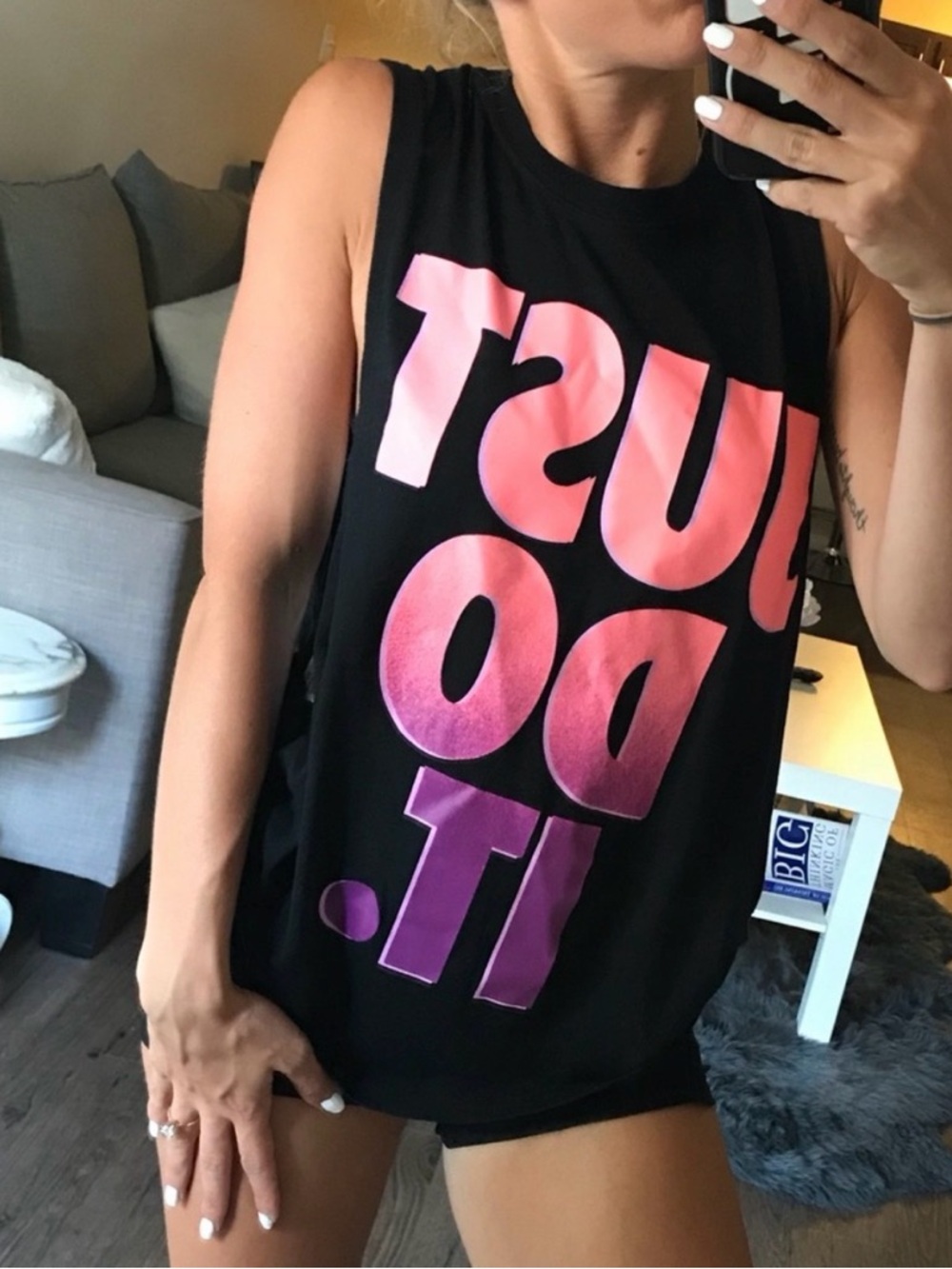 Nike Sleeveless Black Tank Top with Pink-to-Purple Ombre 'Just Do It' Print